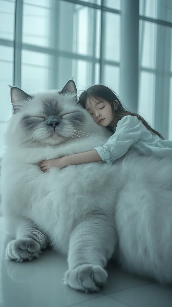 A young girl with long dark hair rests her head on a large, fluffy white cat.  The cat, possibly a Ragdoll, is enormous, its fur soft and thick. The girl's arms are wrapped around the cat's ample body, and she appears to be asleep or very relaxed. The setting is bright, airy, and modern, with large windows visible in the background. The overall tone of the image is serene and peaceful.