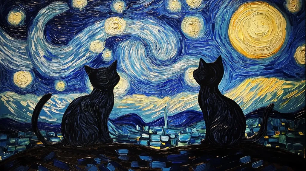 Here's a description of the image:

The painting is a vibrant interpretation of Van Gogh's "Starry Night," but with a unique twist.  Two silhouetted black cats are positioned prominently in the foreground, gazing out at the swirling, star-studded sky.  The impasto technique, characteristic of Van Gogh, is used to create texture and movement in the night sky, with thick brushstrokes depicting the stars, moon, and celestial swirls.  A cityscape is faintly visible below the cats, adding depth to the composition.  The overall effect is a dreamlike, whimsical scene blending the familiar imagery of "Starry Night" with the unexpected presence of the feline companions.