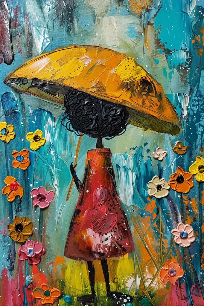 The painting is a vibrant, textured portrayal of a young girl, possibly a stylized representation of a child, standing amidst a field of flowers. She holds a large, yellow umbrella overhead, suggesting a rainy day. The style is impasto, with thick applications of paint creating a three-dimensional effect, particularly noticeable in the flowers and the girl's dress. The colors are bold and contrasting, with blues, oranges, yellows, and reds dominating the palette, creating a joyful and energetic atmosphere. The background is an abstract mix of colors and textures, complementing the central figure.  The overall mood is whimsical and cheerful.