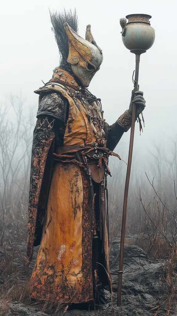 A figure, clad in weathered, orange and brown robes and intricate armor, stands in a misty, barren landscape.  The attire shows signs of age and wear, hinting at a journey or struggle.  The figure's helmet is unique, almost avian in design, and they carry a long staff topped with a large, urn-like vessel. The overall scene evokes a sense of mystery and possibly ritualistic significance. The background is a desolate, wintry scene.