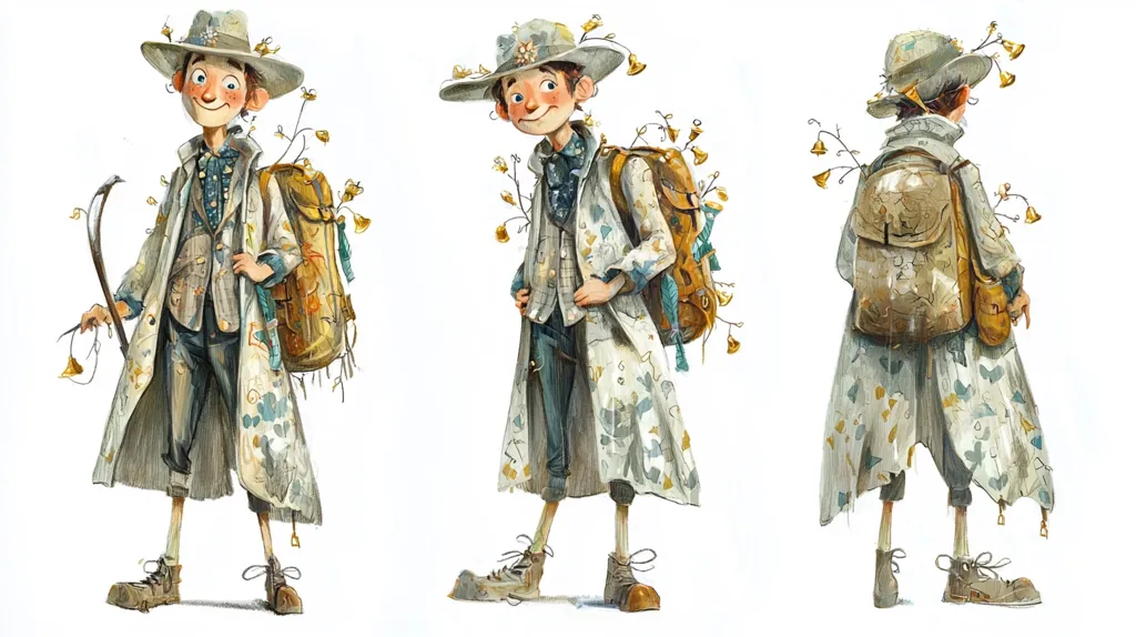 Here's a description of the image:

The illustration showcases a whimsical character, possibly a young adventurer, depicted from three angles.  The character wears a long, patterned coat over a waistcoat and trousers, adorned with small bells hanging from stems of flowers. A large backpack and a walking stick complete the outfit.  The style is painterly, with textured brushstrokes giving the clothing and the character a slightly rough, hand-crafted look. The character's expression is cheerful and innocent. The overall impression is one of fantastical adventure and lightheartedness.