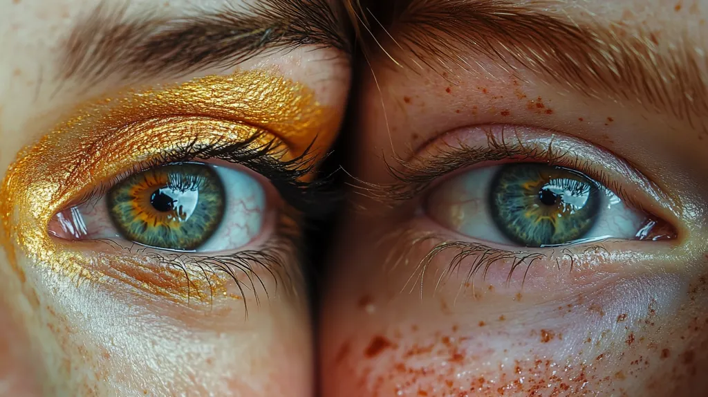 Here's a description of the image:

Close-up view of two eyes, seemingly belonging to two individuals, positioned side-by-side. One eye features gold eyeshadow, creating a striking contrast with the other eye's natural complexion, which is speckled with freckles. Both eyes are captivating with green irises showing hints of yellow and brown, and long dark lashes. The image focuses intensely on the detail of the eyes, lashes, and skin texture, creating a mesmerizing and almost surreal effect. The overall impression is one of beauty and intimacy.