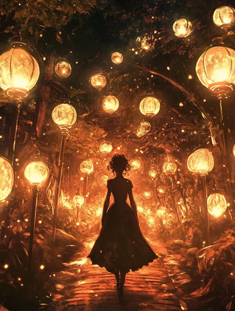 A woman in a dark dress walks down a path illuminated by glowing lanterns.  The path is lined with trees, and the warm light of the lanterns casts a magical glow on the scene.  Numerous lanterns of varying sizes hang from the branches, creating an enchanting, almost ethereal atmosphere. Fireflies or similar lights twinkle amidst the warm tones, enhancing the mystical ambiance. The overall style is reminiscent of fantasy art.