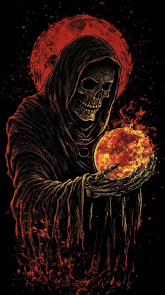 The artwork depicts a skeletal figure, cloaked and hooded, resembling the Grim Reaper.  The figure’s bony hands delicately hold a fiery, blazing orb, radiating intense heat.  A large, blood-red moon hangs in the background, casting an ominous glow on the scene.  The style is dark and detailed, suggesting a gothic or metal aesthetic with contrasting shades of black, orange, and red.  The overall effect is one of mysterious power and impending doom.