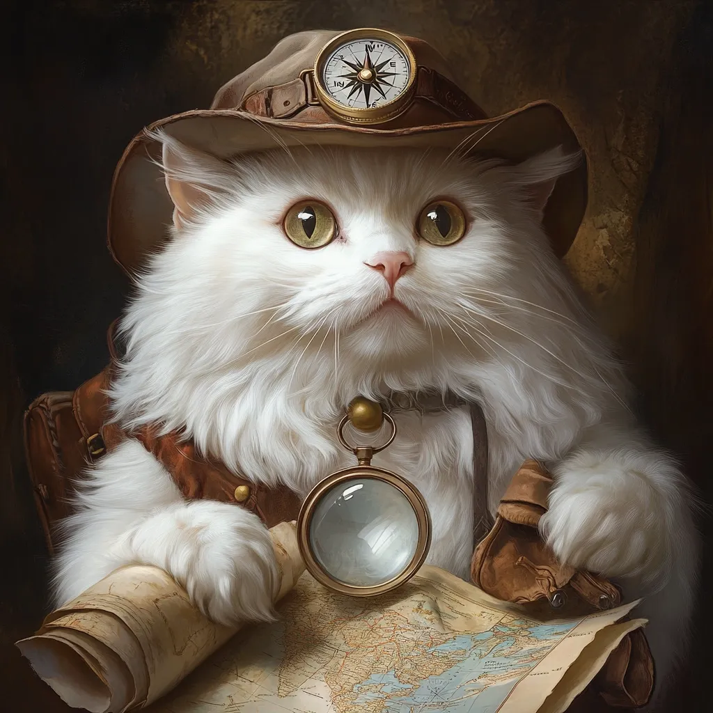 A fluffy white Persian cat is depicted as a courageous explorer.  Dressed in a brown leather adventurer's vest and wide-brimmed hat adorned with a compass, the cat holds a magnifying glass and rests a paw on an antique map.  Its serious expression and meticulously detailed attire create a whimsical, almost steampunk-esque portrayal of feline adventure. The rich, dark background enhances the cat's prominent features and the overall sense of mystery.
