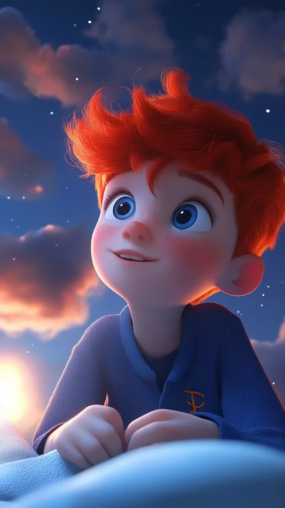 A charming, stylized animated boy with bright red hair and large blue eyes gazes upwards at a twilight sky.  He's lying down, possibly in bed, wearing a blue sweater with an orange emblem.  The scene is peaceful, with a soft sunset glow and a few scattered stars visible in the darkening sky. The overall style is reminiscent of a children's movie or cartoon.  His expression is one of wonder and contentment.