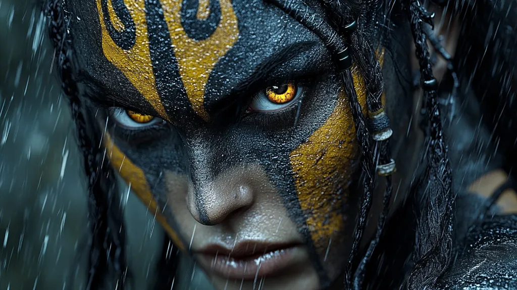 Close-up of a woman's face, adorned with intricate black and gold war paint, which seems to be wet from rain.  Her intense gaze, highlighted by glowing orange eyes, commands attention.  Long, dark braids with beaded accents frame her face. The overall impression is one of fierce determination and primal power, possibly a character from a fantasy or sci-fi setting. The image has a dark, moody atmosphere, enhanced by the rain.