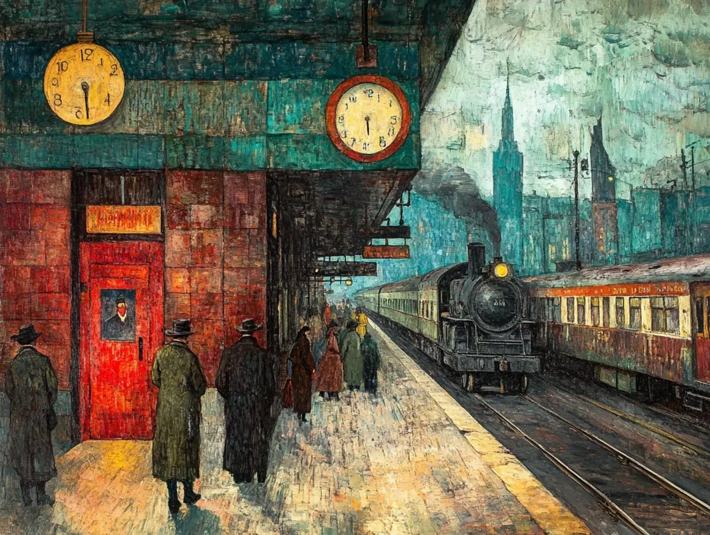 A vibrant oil painting depicts a bustling train station scene.  Two clocks hang above a teal platform awning, indicating the time. A dark-green steam train pulls into the station, its carriages extending into the background. Passengers, in muted colors, wait on the platform, their figures dwarfed by the industrial backdrop of a city skyline. A prominent red door with a portrait adds a striking focal point. The artist uses bold brushstrokes and a textured palette, creating a sense of movement and atmosphere.