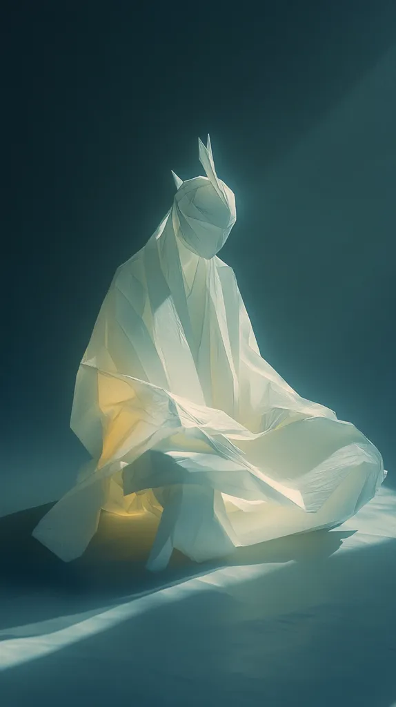 A serene image depicts a paper sculpture, possibly origami, resembling a figure in a flowing robe, seated in a meditative pose.  The figure's head is obscured by a folded hood or mask. The soft, pale coloring and ethereal lighting create a mystical atmosphere against a muted teal background. The folds of the paper suggest a sense of movement and stillness simultaneously, evoking a feeling of tranquility and grace. The overall effect is one of delicate beauty and contemplative calm.