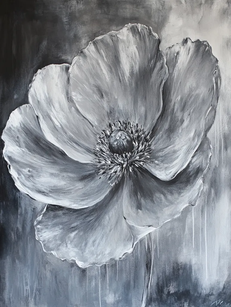 Here's a description of the image:

The artwork is a monochromatic painting of a single poppy flower, rendered in shades of gray and white.  The flower dominates the canvas, its delicate petals rendered with visible brushstrokes, creating a textured appearance. The center of the poppy is darkly shaded, contrasting with the lighter tones of the petals.  The background is a dark gray, textured wash, with drips of paint suggesting a sense of movement or rain. The overall effect is one of elegance and somber beauty.