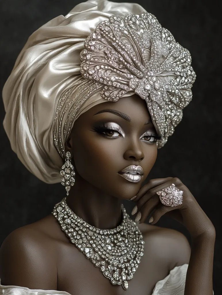 Here's a description of the image:

The photograph showcases a dark-skinned woman, elegantly adorned in silver and white. She wears a voluminous, pearl-grey silk turban, embellished with a large, ornate silver and crystal headpiece.  Matching silver crystal earrings, necklace, and ring complete the look. Her makeup is striking, with shimmery eyeshadow and metallic silver lipstick, complementing the overall silvery theme.  Her expression is serious and poised, her hand gently resting on her chin.  The background is a dark, moody grey, making the woman and her jewelry the focal points of the image. The overall style is luxurious and regal.