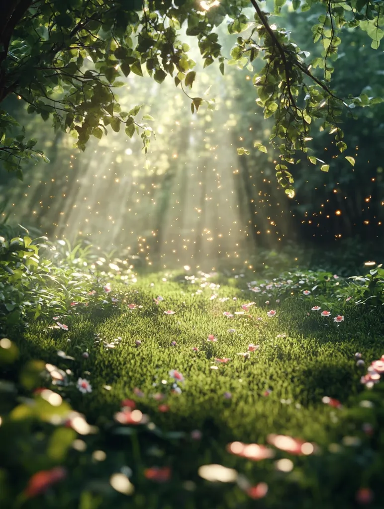 Sunlight streams through lush green leaves, illuminating a magical forest floor.  Tiny pink and white flowers dot the vibrant moss, interspersed with taller greenery.  Dust motes, possibly fireflies, dance in the golden beams, creating an ethereal, dreamlike atmosphere. The scene evokes a sense of peace and enchantment, a hidden glade bathed in sunlight.