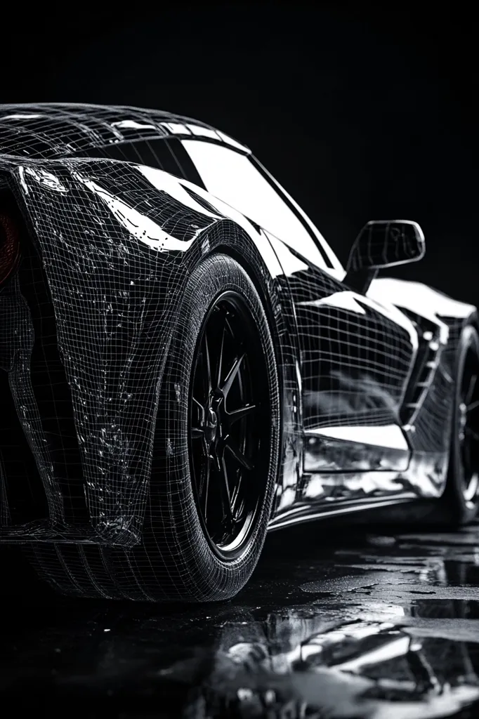 Here is a description of the image:

The image shows a close-up, three-quarter rear view of a sleek, black sports car. The car's body is rendered with a wireframe overlay, giving it a digital, almost holographic appearance. The tires are large and appear to be high-performance, emphasizing the car's sporty nature. The background is dark and out of focus, drawing attention to the car. The car is slightly angled, revealing its curves, and sits on a dark, reflective surface with a hint of moisture or wetness, enhancing the overall dramatic effect. The monochromatic palette contributes to the image’s modern, technological feel.