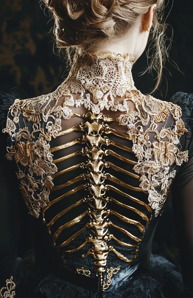 The image shows the back of a woman in a dramatic, Victorian-inspired gown.  The dress is black, overlaid with intricate gold lace detailing, creating a striking contrast.  Most strikingly, a gold, skeletal ribcage design is affixed to the back, positioned centrally over the bodice. The woman's hair is styled in an elegant updo, complementing the gothic aesthetic of the ensemble. The overall impression is one of dark romanticism and morbid elegance.