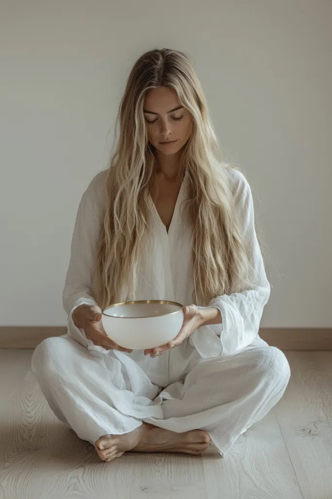 A serene woman with long blonde hair sits cross-legged on a light wood floor.  She's dressed in loose-fitting, white linen pants and a matching shirt.  Her eyes are closed, and she holds a white bowl with a gold rim, suggesting a sense of calm and mindfulness. The overall aesthetic is minimalist and peaceful.  The image evokes a feeling of tranquility and spiritual practice.