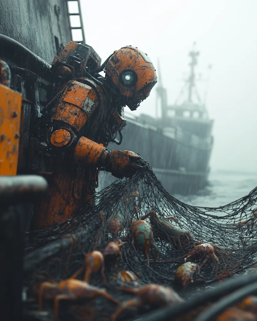 A weathered, orange robotic figure, resembling a rusty diving suit, stands on a rain-soaked dock beside a large, dark vessel.  The robot carefully examines a fishing net overflowing with strange, bioluminescent, crustacean-like creatures.  The atmosphere is bleak and misty, suggesting a post-apocalyptic or dystopian setting.  The overall image is evocative of a solitary, mechanical being engaged in a lonely, possibly scavenging, task.