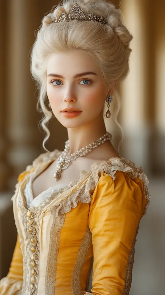 Here's a description of the image:

A young woman, styled in the manner of a 18th-century French noblewoman, is the focus of a portrait.  She has pale skin, blonde hair elaborately styled in an updo with curls framing her face, and she wears a small tiara.  Her attire is an opulent, mustard-yellow gown with gold buttons and delicate lace detailing at the bodice and sleeves.  She also wears a pearl necklace and matching earrings. The background suggests a grand, classical interior. The overall impression is one of elegance and refined beauty.