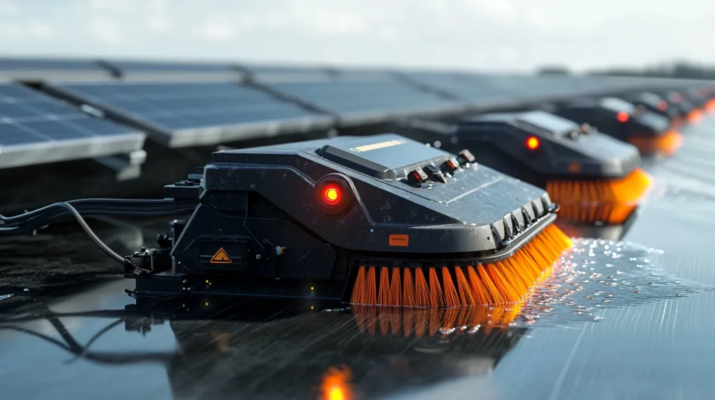 A close-up shot depicts several small, dark gray robotic cleaning devices with orange brushes moving across a solar panel array.  The robots appear wet, suggesting they're cleaning the panels with water.  They are equipped with lights and various technological features. The background shows rows of solar panels stretching into the distance under a slightly overcast sky. The image emphasizes the technological solution for maintaining solar energy efficiency.