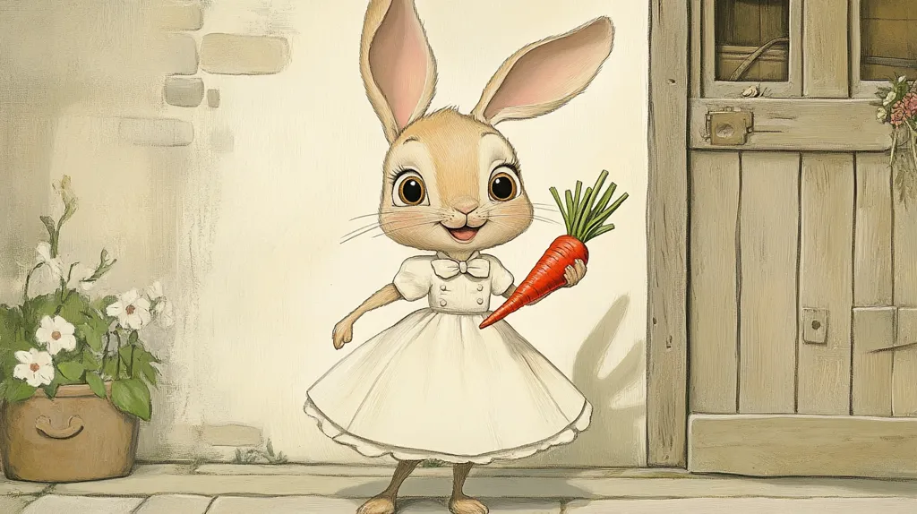 Here's a description of the image:

The illustration depicts a charming anthropomorphic rabbit girl in a simple white dress, holding a large carrot.  She's standing on a stone path next to a rustic wooden door and a potted plant with white flowers. The rabbit has large ears and expressive eyes, giving it a sweet and innocent appearance. The overall style is whimsical and reminiscent of children's book illustrations, with soft colors and gentle details. The scene suggests a peaceful and idyllic setting.