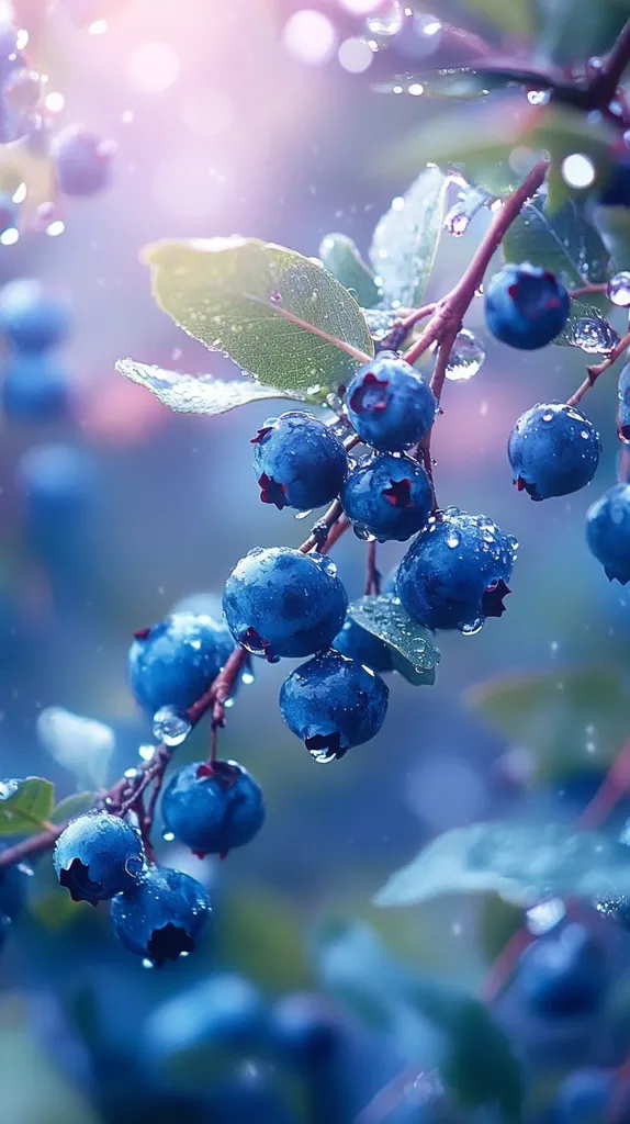 Here's a description of the image:

A close-up shot showcases a branch laden with plump, ripe blueberries, glistening with raindrops. The vibrant blue of the berries contrasts beautifully with the soft green of the leaves, also adorned with water droplets.  A soft, diffused light enhances the overall ethereal feel, creating a dreamy, almost magical atmosphere. The background is blurred, drawing focus to the glistening berries in the foreground. The image evokes a sense of freshness and the beauty of nature after a gentle rain.