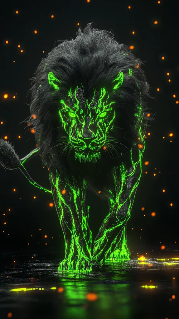 Here's a description of the image:

The image depicts a stylized, digitally rendered black lion.  Its body is textured to appear as if it's composed of dark stone or wood, intricately veined with glowing neon green lines, giving it a bioluminescent or magical quality.  The lion's eyes also glow green, and it has a powerful, forward-facing stance.  The background is dark, with small, orange sparks or embers floating, creating a dramatic and otherworldly atmosphere.  The lion appears to be walking on a reflective surface, mirroring its form in a greenish glow.