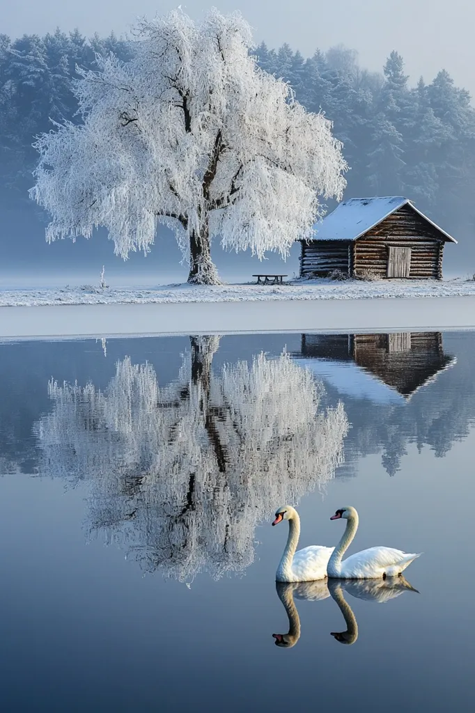 A serene winter scene unfolds: two graceful swans glide on a calm, reflective lake.  A snow-covered, frost-laden tree stands beside a rustic wooden cabin, their reflections mirrored perfectly in the still water.  The background features a muted, misty forest, creating a peaceful and idyllic winter landscape. The overall mood is one of tranquility and natural beauty.