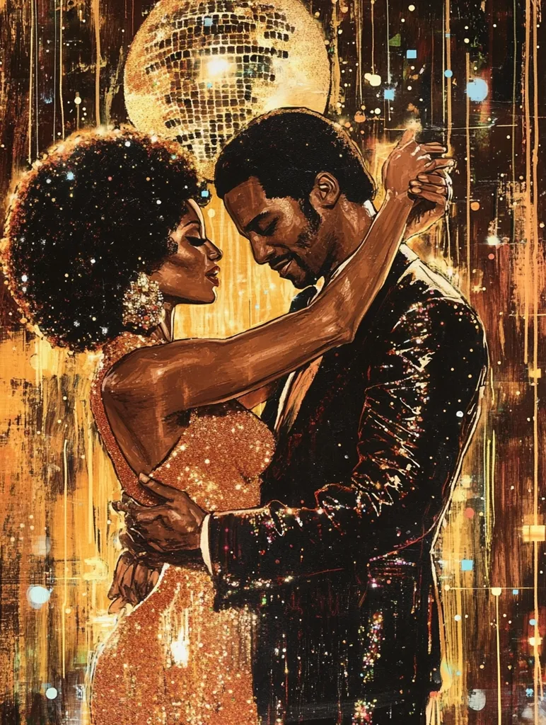 A painting depicts a close embrace between a Black man and woman, dressed in shimmering gold and dark sequined attire.  The woman wears a glittering gold dress, her large afro adding to the 1970s disco vibe. The man holds her close, their eyes closed in a tender moment.  A large disco ball hangs in the background, adding to the celebratory atmosphere of the piece, which is rendered in a richly textured, almost impressionistic style. The warm, golden tones dominate the palette.