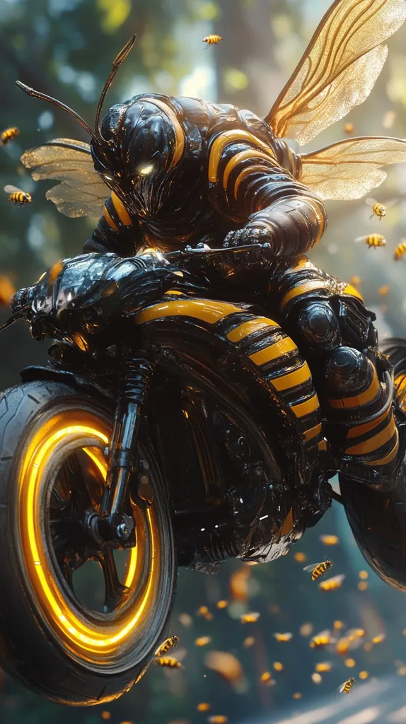 A striking digital artwork depicts a humanoid bee riding a sleek, black and yellow motorcycle. The bee-like figure, clad in a metallic exoskeleton, possesses large wings and glowing eyes.  The motorcycle features a vibrant yellow rim emitting a radiant glow.  Numerous bees swarm around them, blurring the background with a dreamy, ethereal quality. The scene suggests a futuristic or fantasy setting, blending organic and mechanical elements.