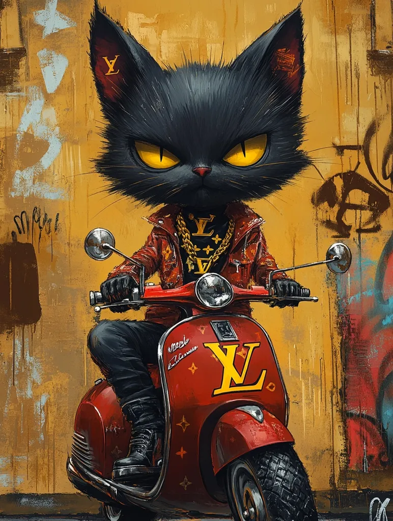 Here's a description of the image:

The artwork depicts a stylized black cat, wearing a red leather jacket and a gold Louis Vuitton chain, seated on a red Vespa scooter, also adorned with the Louis Vuitton monogram. The cat has piercing yellow eyes and a serious expression. The background is a textured, graffiti-style wall in warm yellows and oranges. The overall style is a blend of street art and cartoonish features, creating a cool and slightly rebellious aesthetic. The image is vibrant and detailed, with a focus on the cat and scooter as the central figures.