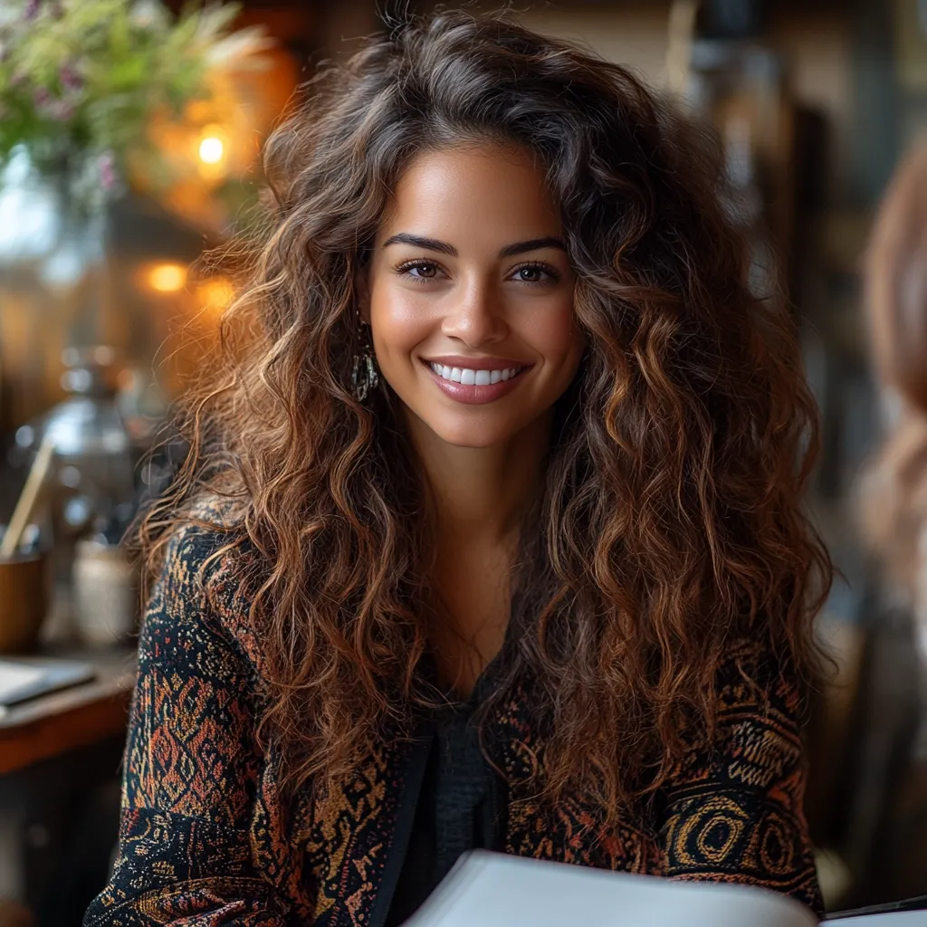 Here is a description of the image:

Close-up view of a young woman with long, voluminous, wavy brown hair that cascades down her shoulders.  She has a warm, tan complexion and a bright, genuine smile revealing straight white teeth.  Her makeup is natural and enhances her features. She's wearing a dark, patterned cardigan with an ornate design. The background is blurred but suggests a cozy, indoor setting, possibly a cafe, with warm lighting and indistinct objects.  The woman appears relaxed and approachable, possibly seated at a table with a book or menu in her lap.