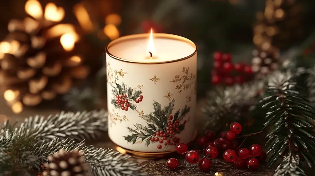 A festive, cream-colored candle with a gold rim sits at the center, adorned with a holly berry pattern.  Its flame glows warmly against a backdrop of blurred Christmas lights, pine cones, and frosted evergreen branches scattered with red berries. The scene evokes a cozy and traditional holiday atmosphere, filled with natural elements and warm light.