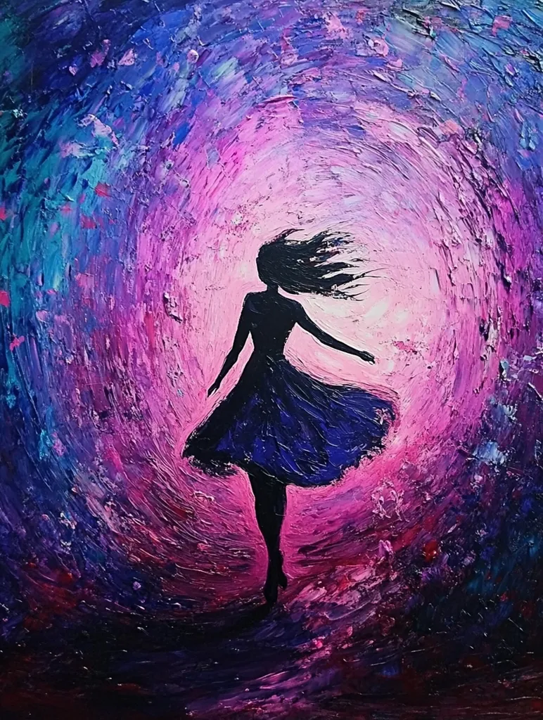 The painting is an impasto-style artwork depicting a silhouetted woman in a dress, her hair flowing in the wind. She stands against a vibrant, swirling backdrop of purples, pinks, and blues, creating a dynamic and emotional scene. The thick application of paint adds texture and depth, enhancing the sense of movement and energy. The woman's pose suggests freedom and lightness, contrasting with the rich, textured background that evokes a sense of mystery or wonder. The overall mood is one of captivating beauty and ethereal grace.