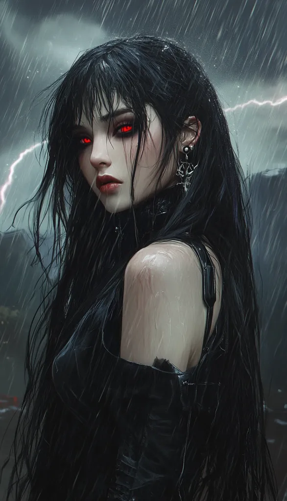 A digital painting depicts a young woman with long, dark hair, standing in the rain.  She has striking red eyes and wears a dark, possibly leather, sleeveless top. Rainwater streaks her skin, and lightning flashes in the stormy background. Her expression is serious, almost melancholic.  The overall mood is dark, mysterious, and evocative. The style is realistic with fantasy elements.