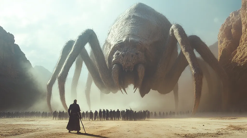 A colossal, arachnid-like creature looms over a desert landscape. Its massive legs cast long shadows on the sand as it confronts a line of silhouetted soldiers. A lone figure in dark robes stands before the army, a staff in hand, facing the monstrous spider.  The scene evokes a sense of impending doom and epic conflict, possibly from a fantasy or science fiction setting.  Dust rises around the beast's feet, enhancing the dramatic atmosphere.  Jagged, rocky mountains form a desolate backdrop.