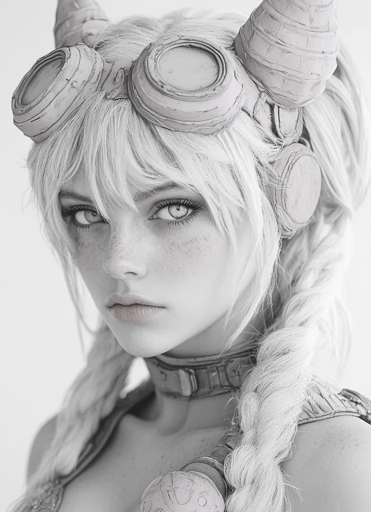 A monochromatic close-up portrait showcases a young woman with striking features. Her pale skin is adorned with freckles, and her intense gaze is accentuated by dark eyebrows and prominent eyes.  She wears a stylized, steampunk-inspired headpiece incorporating goggles and horns, along with a textured choker and shoulder armor. Her long, braided white hair frames her face. The overall effect is one of ethereal beauty and a hint of otherworldly strength.