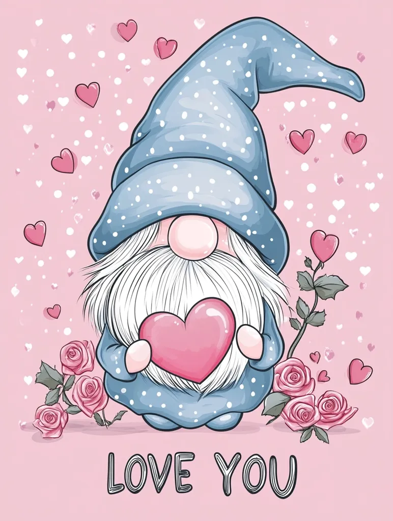Here's a description of the image:

A cute cartoon gnome, adorned in a blue, polka-dotted hat and matching outfit, is the centerpiece of a Valentine's Day-themed illustration.  The gnome holds a large pink heart, and is surrounded by pink roses and a shower of smaller hearts on a light pink background. The words "LOVE YOU" are written beneath the gnome in a playful font. The overall style is sweet and charming, perfect for expressing affection.
