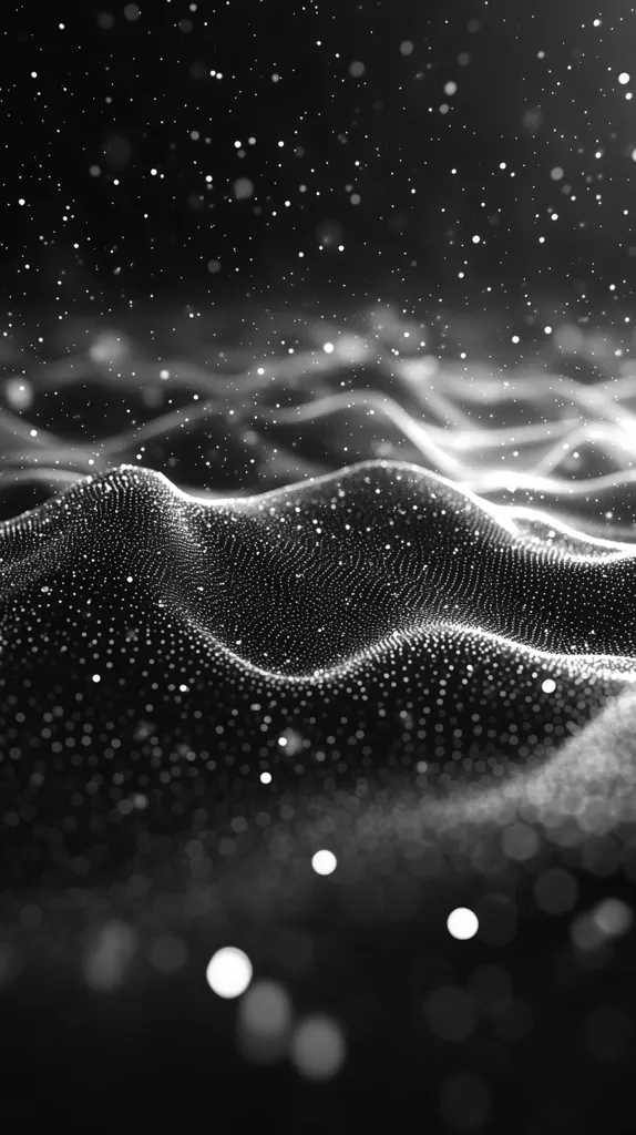 The image is an abstract grayscale rendering of a dark, undulating landscape.  It's composed of countless tiny white dots forming wave-like patterns, giving the impression of depth and movement.  The background is speckled with similar particles, creating a sense of a starry night sky or a cosmic dust cloud.  The overall effect is one of ethereal beauty and subtle energy, suggesting a digital or technological theme.