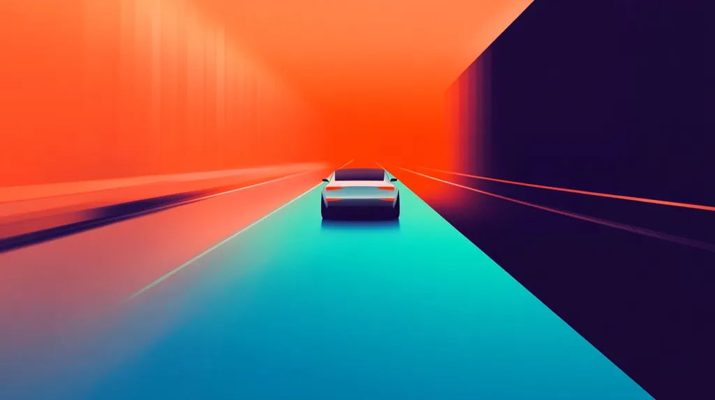 The image is a stylized illustration of a car driving down a highway. The car is light gray and seen from behind, positioned in the center of a teal-colored road.  The road is bordered by vibrant orange and dark purple sections, creating a dynamic contrast.  The overall aesthetic is bold and graphic, with a focus on color and geometric shapes.  The scene suggests speed and movement, possibly a futuristic or artistic representation of travel.