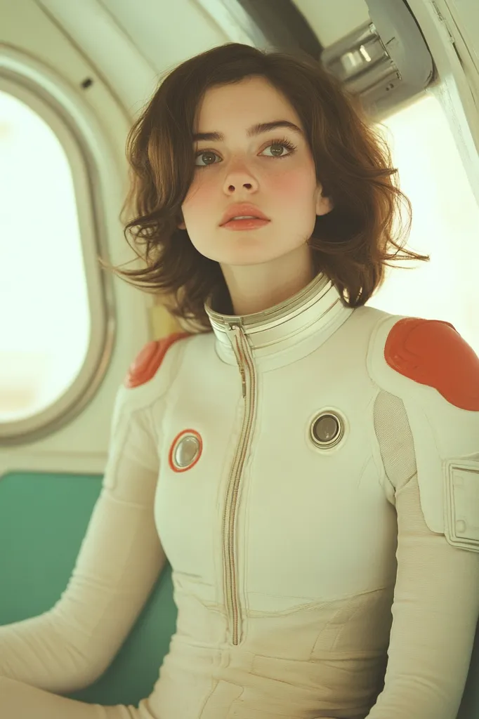 Here is a description of the image in under 100 words:

A young woman with shoulder-length brown hair sits in a vintage-style vehicle. She wears a light beige spacesuit with orange accents on the shoulders. The suit has a zipper down the front and circular details on the chest. The setting appears futuristic or retro-futuristic, suggested by both the vehicle’s interior and the woman's attire. Her expression is calm and contemplative. The overall tone is soft and slightly nostalgic.  The image has a muted color palette, mostly beige and teal.