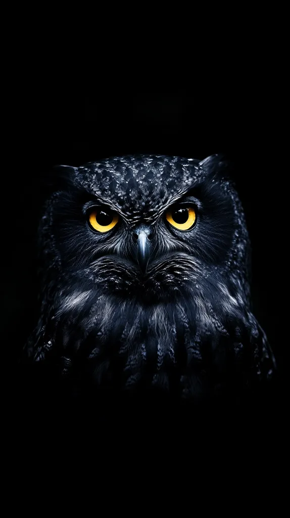Here's a description of the image:

The image is a close-up shot of a dark-colored owl against a completely black background.  The owl's feathers appear almost black, but subtle variations in shading reveal texture and detail. Its piercing, bright yellow eyes are the most prominent feature, intensely focused on the viewer. The owl's expression is serious and intense, giving a sense of power and mystery. The dark setting enhances the owl's ominous yet captivating presence.