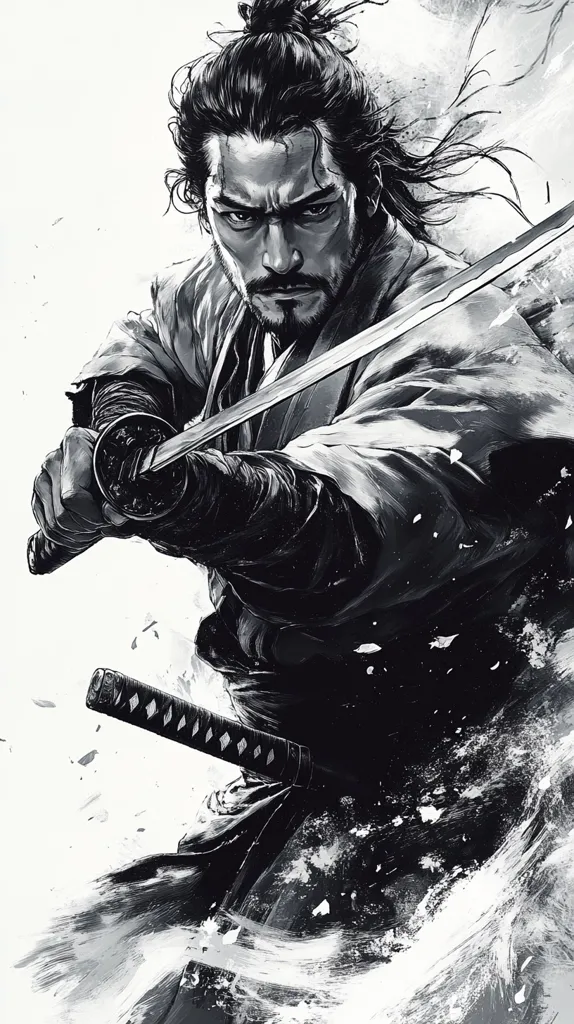 A dramatic black and white illustration depicts a samurai in mid-strike. His intense gaze is fixed, his face etched with determination.  He grips his katana with both hands, the blade angled towards the viewer, creating a sense of imminent action. His long, dark hair is pulled back into a topknot, emphasizing his stern expression. The background is a stylized wash of gray and white, suggesting movement and energy. The overall style is reminiscent of Japanese woodblock prints, with bold lines and contrasting shades.