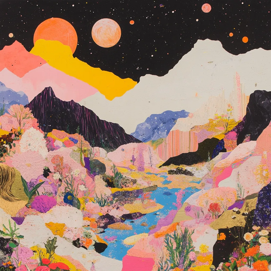 A vibrant, surreal landscape painting features pastel mountains under a dark, starry sky with two large planets. A meandering blue stream flows through a valley bursting with colorful, textured flowers and plants. The style is mixed media, combining paint with possibly pressed flowers or similar elements, creating a dreamy, almost otherworldly atmosphere. The color palette is rich with pinks, yellows, and purples, contrasting against the dark background.  The overall impression is one of fantastical beauty and serenity.