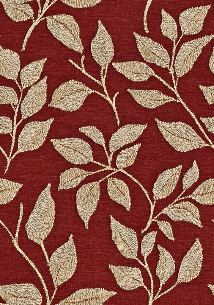 The image shows a close-up of a fabric with a repeating pattern. The background is a deep maroon or burgundy color, and the pattern consists of beige, textured leaves and stems arranged in a flowing, organic design. The leaves are stylized and slightly irregular, giving the design a slightly hand-crafted look. The texture appears to be created by raised embroidery or a similar technique. The overall effect is elegant and somewhat traditional.
