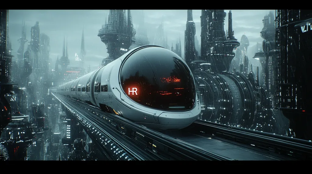 A futuristic high-speed train, marked "HR," glides along an elevated track through a dense, rain-swept cityscape.  The architecture is sleek and imposing, a blend of towering metallic structures and dark, labyrinthine designs.  The overall atmosphere is one of cold, technological advancement, with a muted color palette dominated by grays and blues. The train's sleek, almost biomorphic design contrasts sharply with the harsh, angular city.