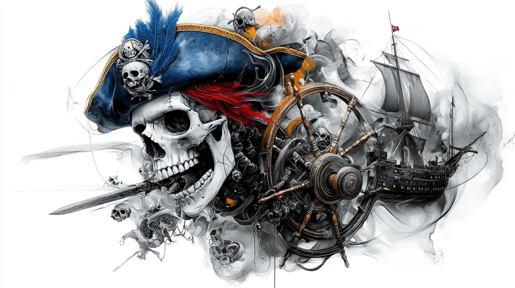 A striking digital artwork depicts a pirate skull wearing a tricorn hat adorned with blue and red feathers and skull and crossbones.  The skull is centrally positioned, partially obscured by a weathered ship's wheel, and a dagger extends from its mouth. A ghostly pirate ship emerges from smoke-like wisps in the background, adding to the dramatic, ethereal composition. The overall style is dark, detailed, and evocative of nautical adventure and the seafaring afterlife.  Multiple skulls and skeletal elements are woven into the design, enhancing its pirate theme.
