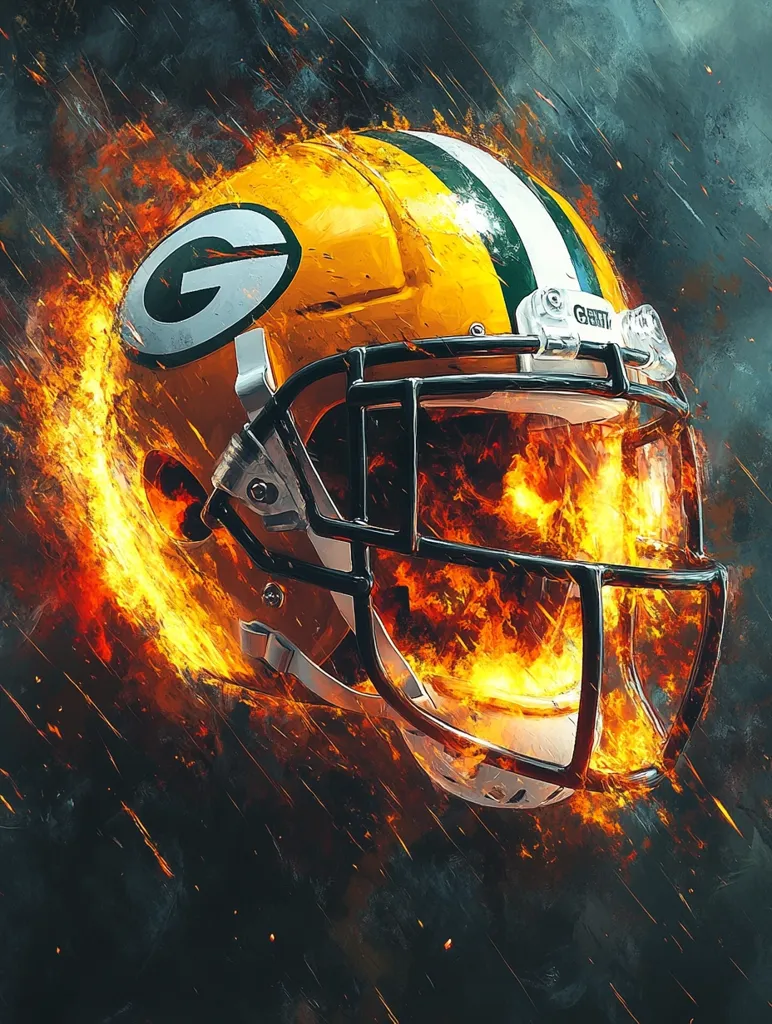 Here's a description of the image:

The image is a striking digital artwork depicting a Green Bay Packers football helmet engulfed in flames. The helmet, predominantly yellow with green stripes and the iconic "G" logo, is the central focus.  Intense, fiery orange and yellow flames erupt from within the helmet's facemask and around its sides, creating a dynamic and energetic composition.  The background is a dark, textured backdrop suggesting motion and intensity, possibly implying rain or sparks. The overall effect is a powerful and passionate representation of the team's spirit and aggressive play style.