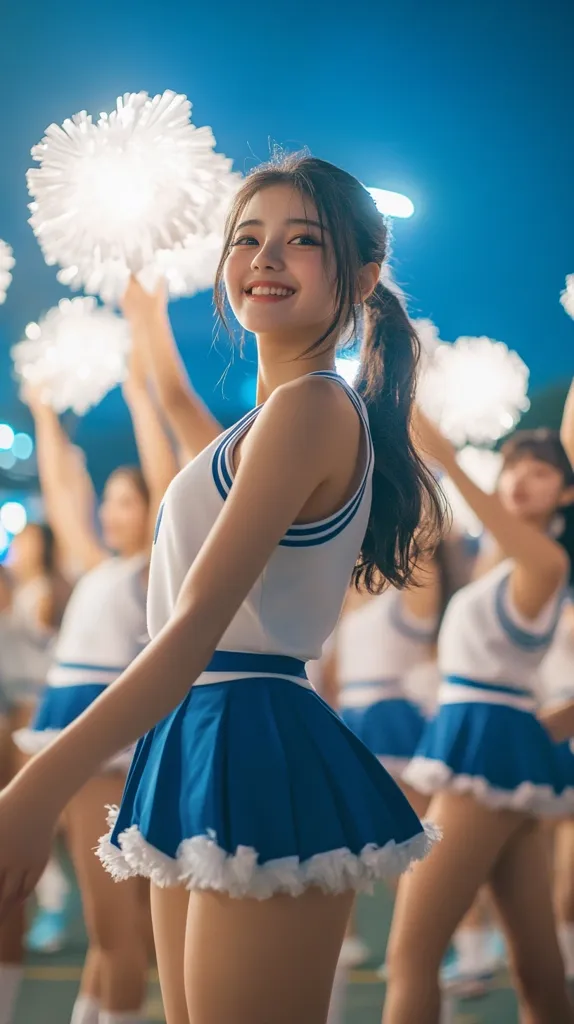 Here's a description of the image:

The photo features a young woman, center frame, dressed in a blue and white cheerleader uniform.  She's smiling and holds a pom-pom, her long dark hair in a ponytail. She stands slightly angled, with other cheerleaders blurred in the background, also holding pom-poms. The setting appears to be an outdoor nighttime event with blurred lights. The focus is sharply on the central figure, highlighting her youthful appearance and the details of her costume. The overall mood is bright, energetic, and celebratory.