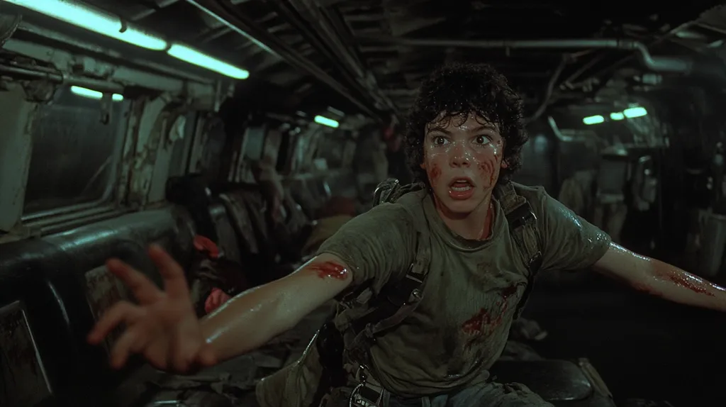 Here's a description of the image:

The image is a still from a film, showing a young, terrified boy covered in blood and sweat. He's in a dark, metallic corridor, possibly a spaceship or train, with dim fluorescent lights overhead. His arms are outstretched, his expression one of intense fear and exertion.  He wears a dirty, olive-green t-shirt and appears injured. The overall atmosphere is tense and claustrophobic, hinting at a scene of violence or escape.  The setting and the boy's condition suggest a science fiction or horror film.