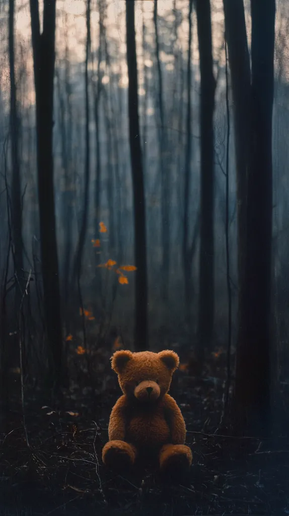 A brown teddy bear sits alone in a dark, misty forest.  The trees are tall and slender, their trunks nearly obscuring the background. A few fallen leaves are scattered on the ground. The overall mood is somber and slightly eerie, suggesting loneliness or abandonment. The contrast between the warm tones of the bear and the cool, shadowy forest emphasizes the bear's isolation. The image has a slightly vintage or faded feel.