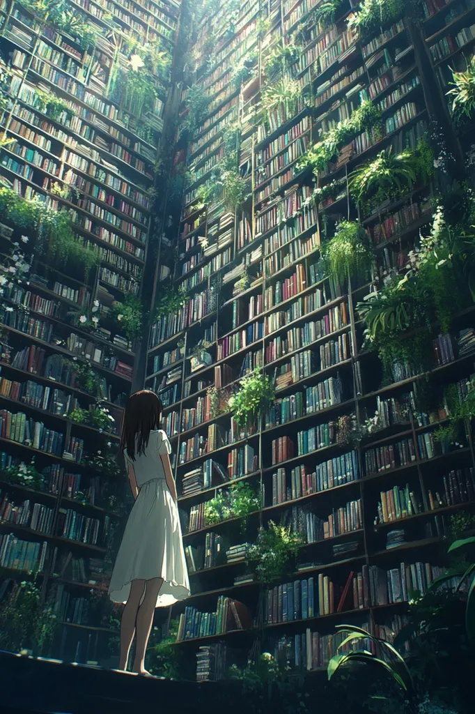 The illustration depicts a breathtaking, immersive library.  Towering bookshelves, overflowing with volumes, fill a large, open space, interwoven with lush greenery.  Sunlight streams from above, illuminating the vibrant plants and the colorful spines of countless books.  A young woman in a white dress stands contemplatively, dwarfed by the grandeur of her surroundings, creating a serene yet awe-inspiring scene that evokes a sense of wonder and tranquility.